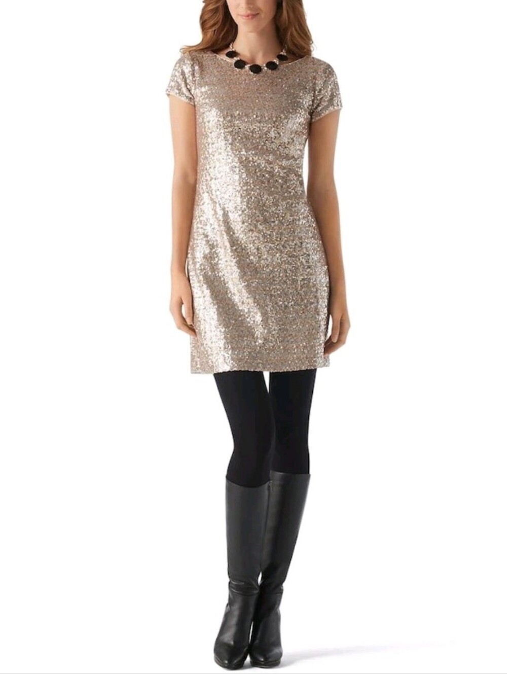 WHBM Champagne Gold Sequin Short Sleeve Shift Mini Dress Size XS